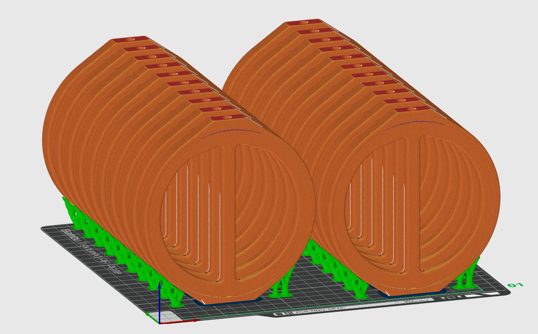 Slicer screenshot of 21 mounts with supports and brims