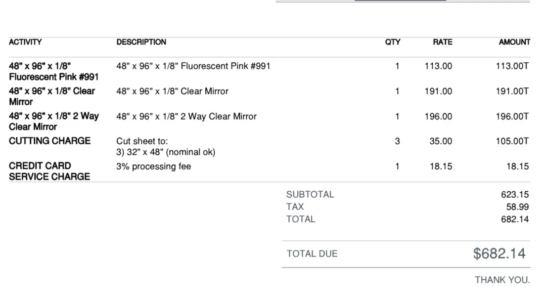 Plastic Point invoice for three acrylic sheets cut to 32 by 48 inches, total $682.14