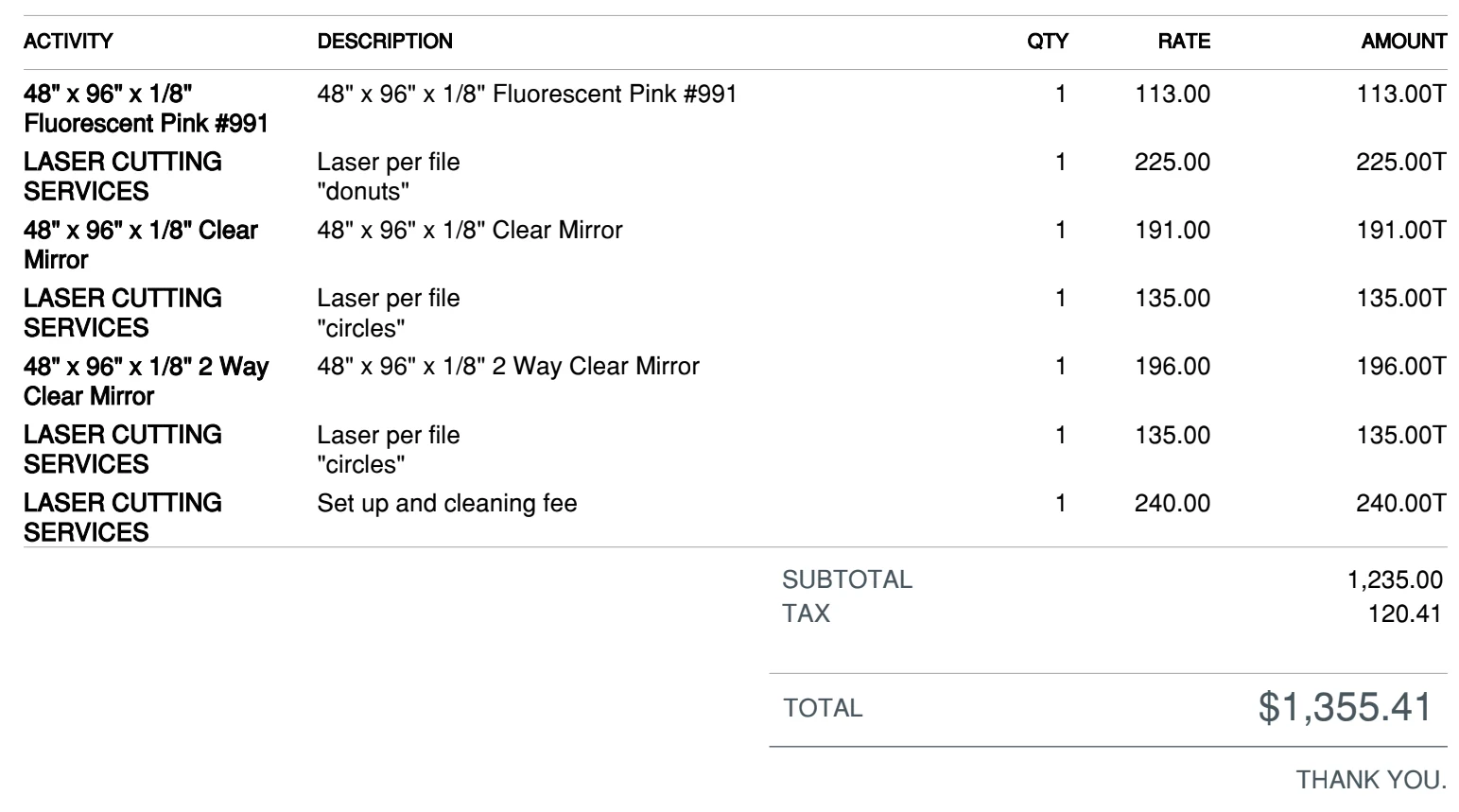Plastic Point quote listing three acrylic sheets plus laser cutting, total $1,355.41