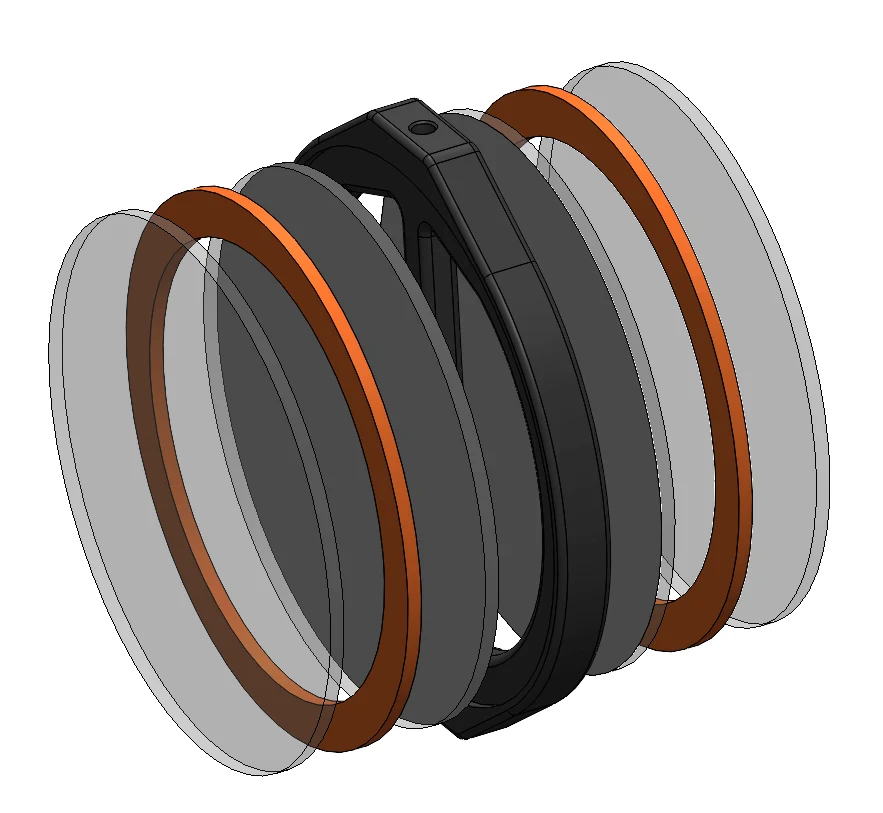 Exploded CAD view of one pixel: mirror, fluorescent donut, two-way mirror and printed mount, twice over