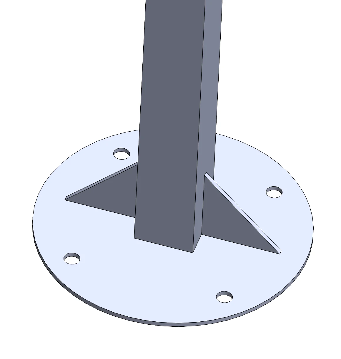 CAD render of a leg foot plate with gussets and lag bolt holes