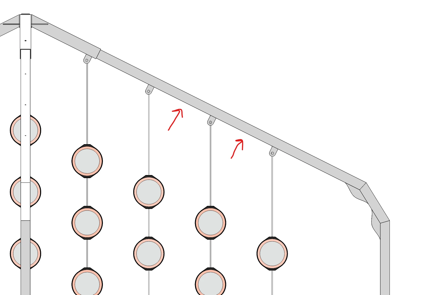 CAD view of the frame with arrows marking where nuts are welded on to mount the UV panels