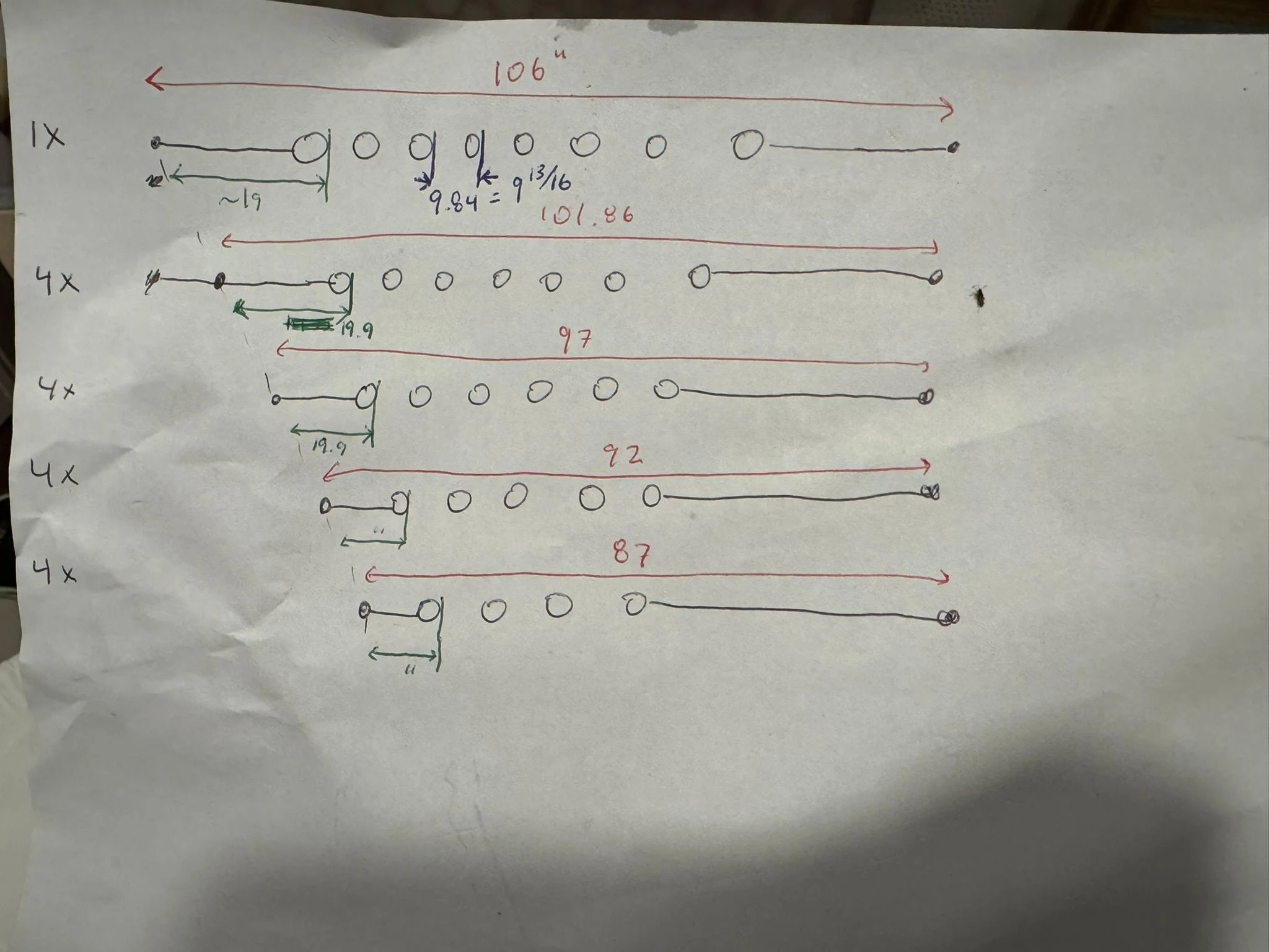 Hand-drawn cut list for the monofilament lines, with lengths and pixel spacing