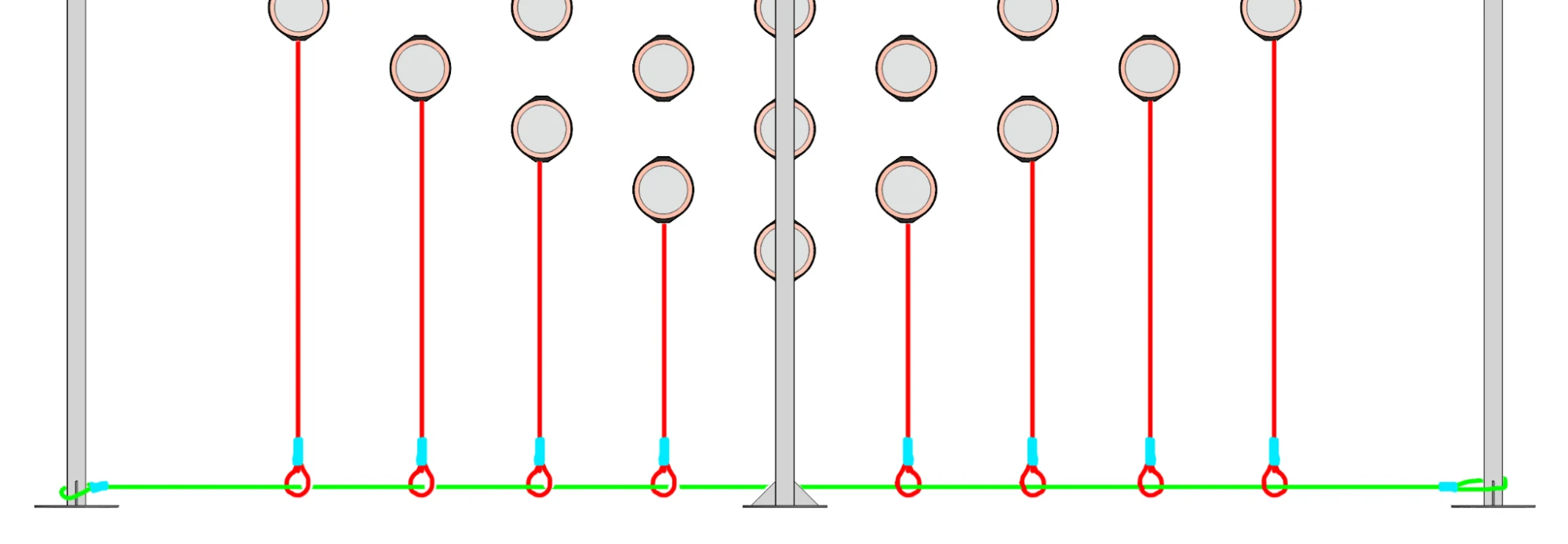 Elevation diagram: red monofilament lines ending in loops, threaded by two green tension lines between the feet